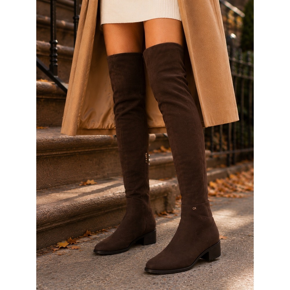 Calvin Klein Dark Brown Faux Suede Over Knee Stretch Boots Womens 8M - Picture 3 of 16